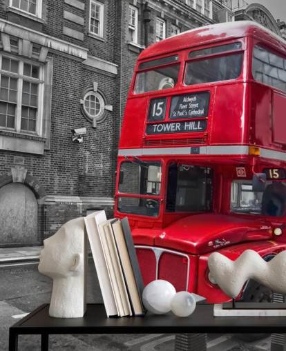 black, white and red london bus wallpaper mural called Red London Bus for home offices and living rooms