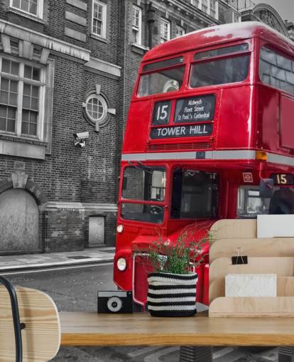 mural de papel de parede de ônibus de Londres preto, branco e vermelho chamado Red London Bus para escritórios domésticos e salas de estar mural de papel de parede de ônibus de Londres preto, branco e vermelho chamado Red London Bus para escritórios domésticos e salas de estar