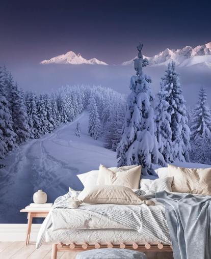 snowy forest and piste with mountains in the distance wallpaper snowy forest and piste with mountains in the distance wallpaper