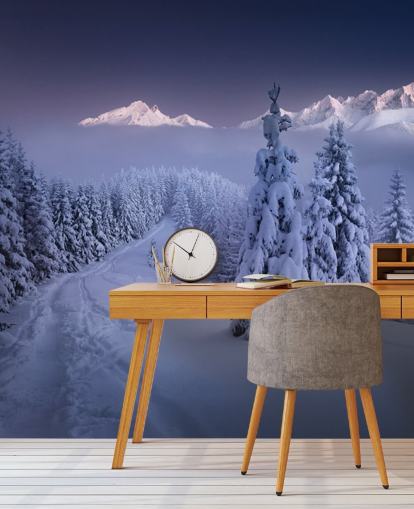 snöig skog och pisten med berg i fjärran tapeter snöig skog och pisten med berg i fjärran tapeter