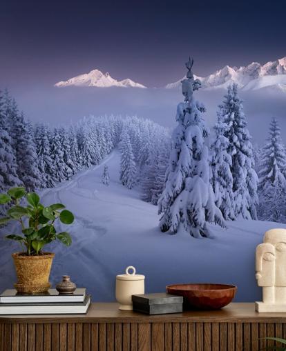 snowy forest and piste with mountains in the distance wallpaper snowy forest and piste with mountains in the distance wallpaper