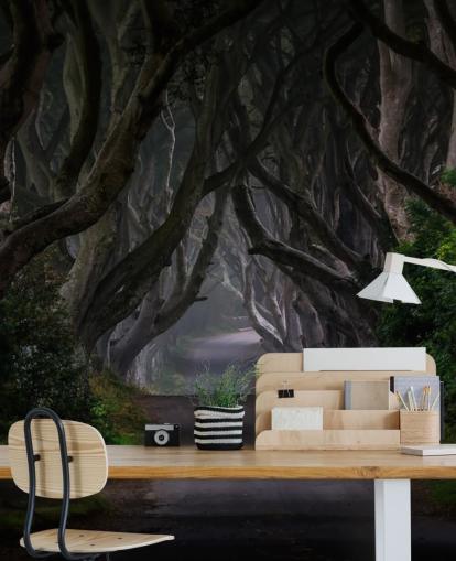 mural de papel pintado de bosque oscuro llamado Magic Road para dormitorios, salas de estar y oficinas en casa