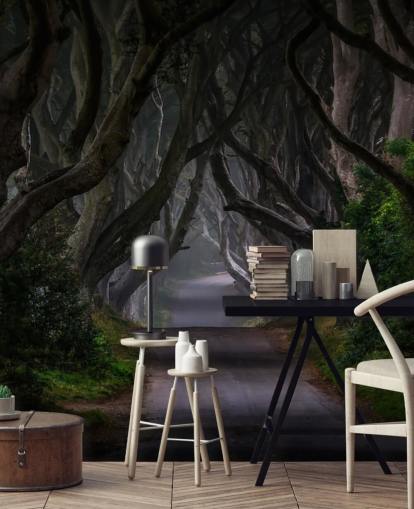 mural de papel pintado de bosque oscuro llamado Magic Road para dormitorios, salas de estar y oficinas en casa