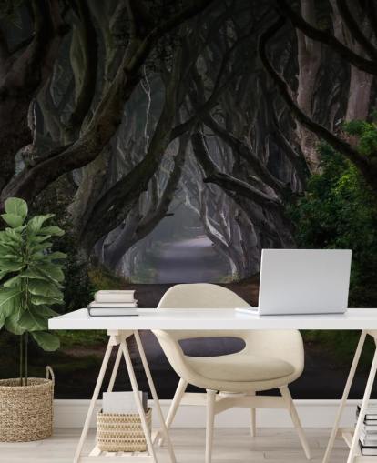 mural de papel pintado de bosque oscuro llamado Magic Road para dormitorios, salas de estar y oficinas en casa