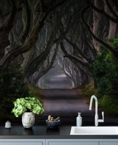 mural de papel de parede de floresta escura chamado Magic Road para quartos, salas de estar e escritórios domésticos mural de papel de parede de floresta escura chamado Magic Road para quartos, salas de estar e escritórios domésticos