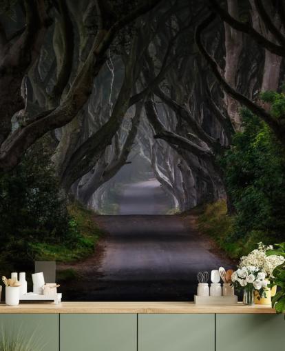 mural de papel pintado de bosque oscuro llamado Magic Road para dormitorios, salas de estar y oficinas en casa