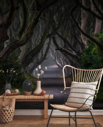 mörk skog tapetväggmålning kallad Magic Road för sovrum, vardagsrum och hemmakontor