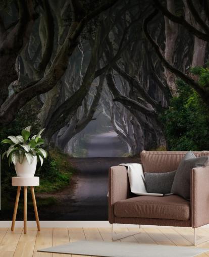 mural de papel pintado de bosque oscuro llamado Magic Road para dormitorios, salas de estar y oficinas en casa