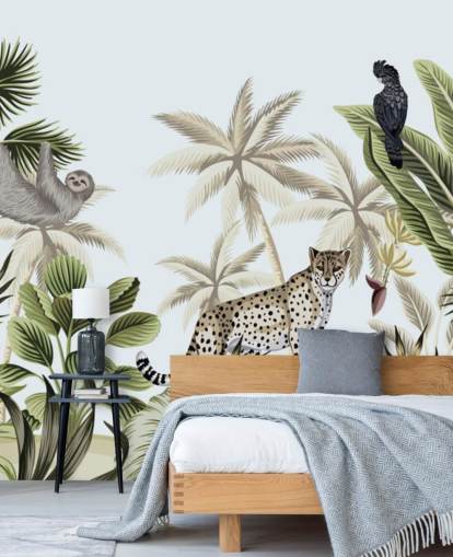 illustrert leopard, dovendyr og fugl tropisk jungel tapet illustrert leopard, dovendyr og fugl tropisk jungel tapet