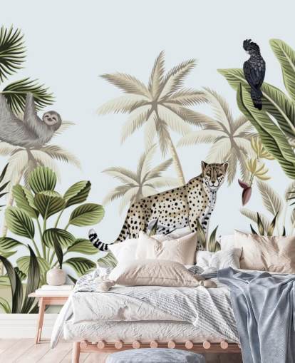 illustrated leopard, sloth and bird tropical jungle wallpaper
