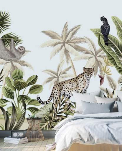 papel pintado ilustrado de leopardo, perezoso y pájaro selva tropical
