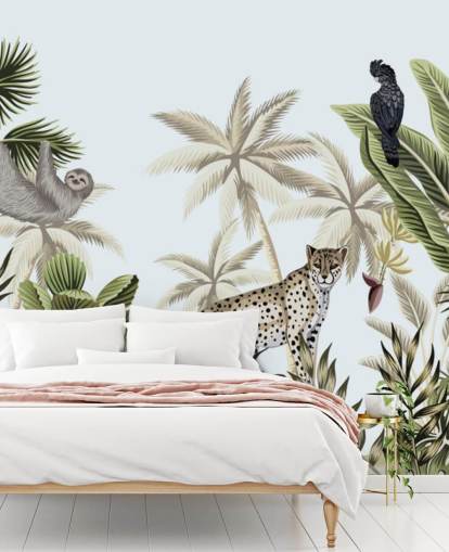 carta da parati illustrata giungla tropicale leopardo, bradipo e uccello