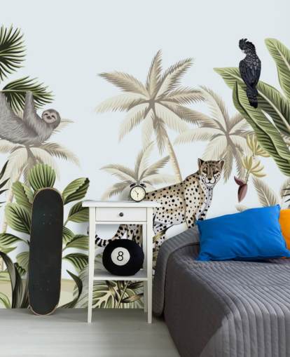 papier peint de la jungle tropicale léopard, paresseux et oiseau illustré