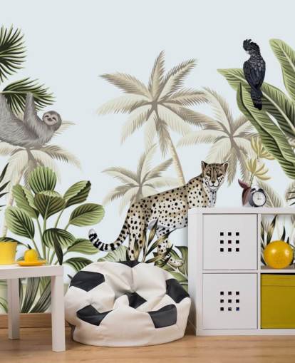 papel pintado ilustrado de leopardo, perezoso y pájaro selva tropical