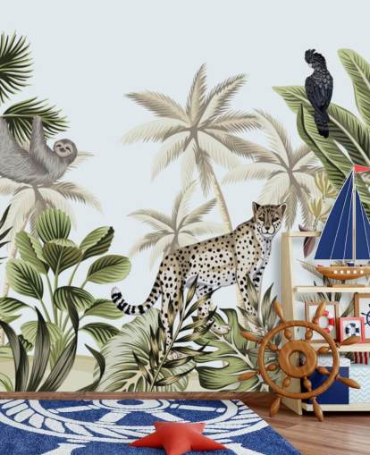 illustrated leopard, sloth and bird tropical jungle wallpaper