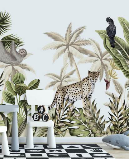 geïllustreerd luipaard, luiaard en vogel tropische jungle behang geïllustreerd luipaard, luiaard en vogel tropische jungle behang