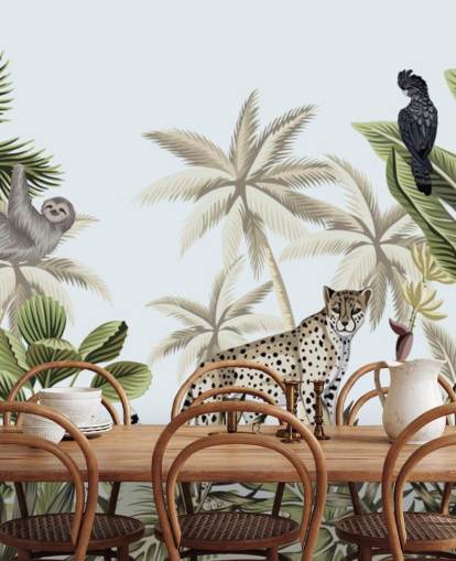 geïllustreerd luipaard, luiaard en vogel tropische jungle behang