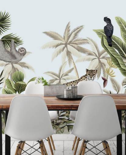 illustrated leopard, sloth and bird tropical jungle wallpaper