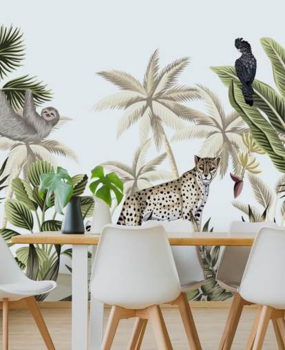 papel de parede ilustrado leopardo, preguiça e pássaro selva tropical papel de parede ilustrado leopardo, preguiça e pássaro selva tropical