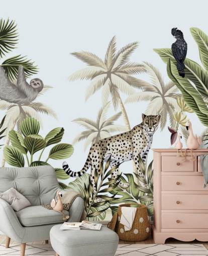 illustrated leopard, sloth and bird tropical jungle wallpaper