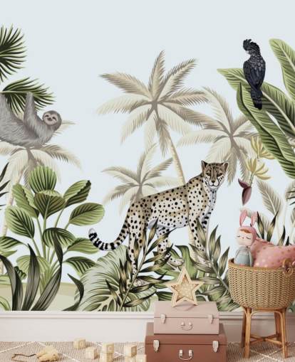 illustrated leopard, sloth and bird tropical jungle wallpaper