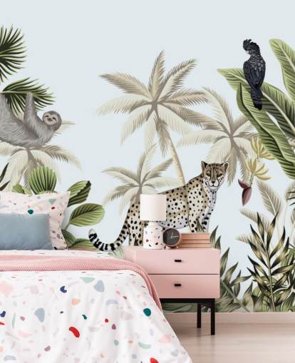 illustrated leopard, sloth and bird tropical jungle wallpaper