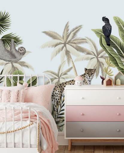 papel de parede ilustrado leopardo, preguiça e pássaro selva tropical