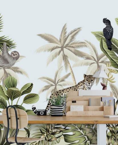 illustrert leopard, dovendyr og fugl tropisk jungel tapet