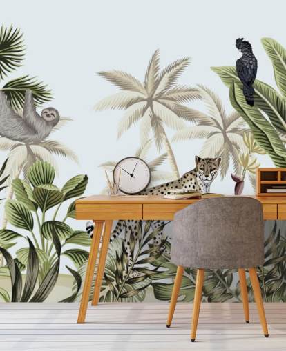 illustrert leopard, dovendyr og fugl tropisk jungel tapet