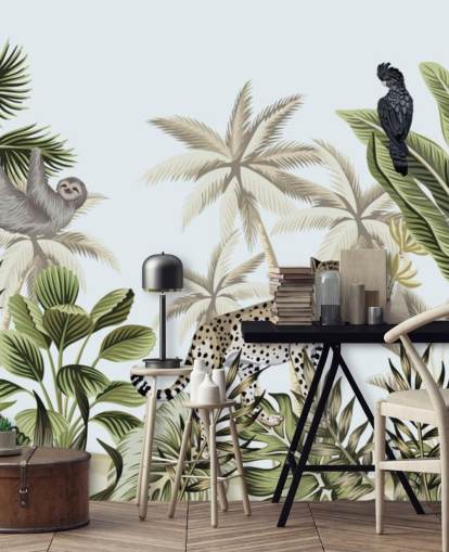 illustreret leopard, dovendyr og fugl tropisk jungle tapet