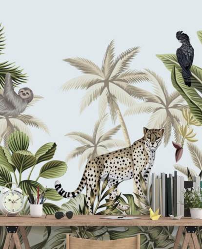 papier peint de la jungle tropicale léopard, paresseux et oiseau illustré papier peint de la jungle tropicale léopard, paresseux et oiseau illustré