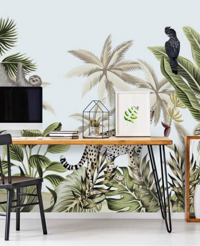illustrated leopard, sloth and bird tropical jungle wallpaper illustrated leopard, sloth and bird tropical jungle wallpaper