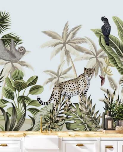 illustreret leopard, dovendyr og fugl tropisk jungle tapet