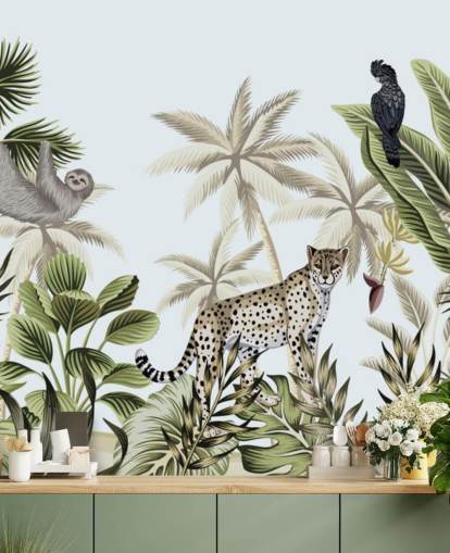 papel de parede ilustrado leopardo, preguiça e pássaro selva tropical