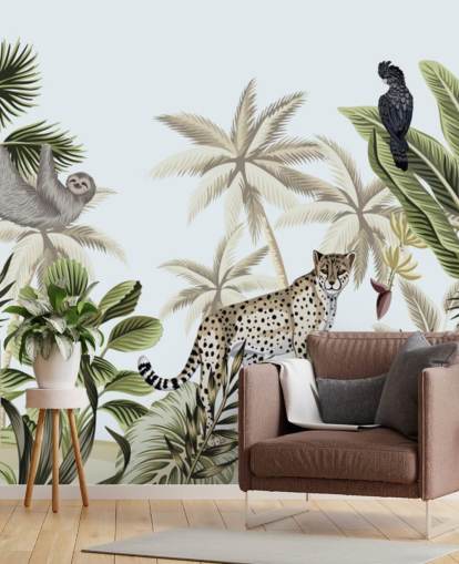 illustrated leopard, sloth and bird tropical jungle wallpaper