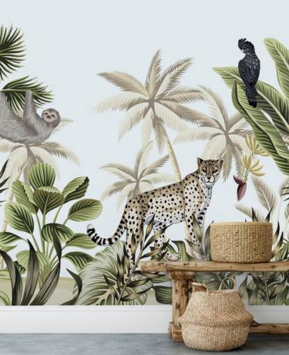 papel de parede ilustrado leopardo, preguiça e pássaro selva tropical papel de parede ilustrado leopardo, preguiça e pássaro selva tropical