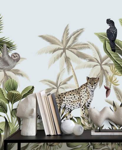 geïllustreerd luipaard, luiaard en vogel tropische jungle behang