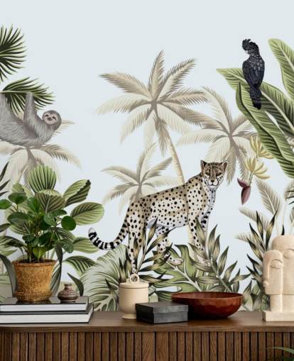 illustrert leopard, dovendyr og fugl tropisk jungel tapet illustrert leopard, dovendyr og fugl tropisk jungel tapet