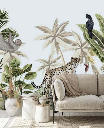 illustrated leopard, sloth and bird tropical jungle wallpaper illustrated leopard, sloth and bird tropical jungle wallpaper