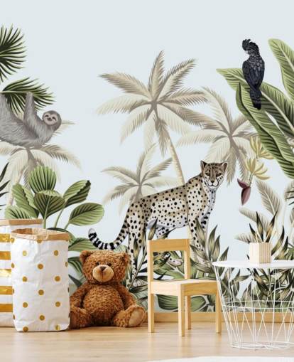 illustrated leopard, sloth and bird tropical jungle wallpaper illustrated leopard, sloth and bird tropical jungle wallpaper