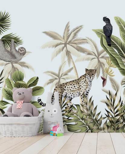 illustrerad leopard, lättja och fågel tropisk djungel tapet