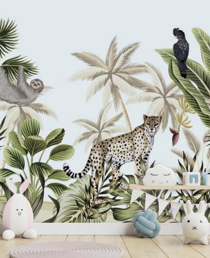 illustrated leopard, sloth and bird tropical jungle wallpaper