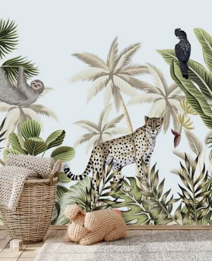 illustreret leopard, dovendyr og fugl tropisk jungle tapet illustreret leopard, dovendyr og fugl tropisk jungle tapet