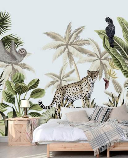 illustrert leopard, dovendyr og fugl tropisk jungel tapet