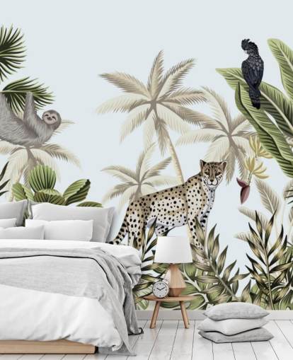 illustrerad leopard, lättja och fågel tropisk djungel tapet illustrerad leopard, lättja och fågel tropisk djungel tapet