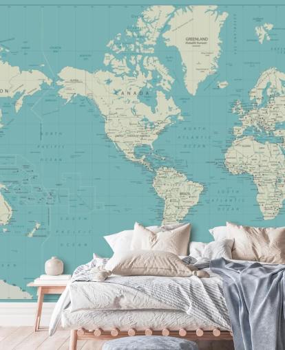 Sky Blue and White World Map Wallpaper