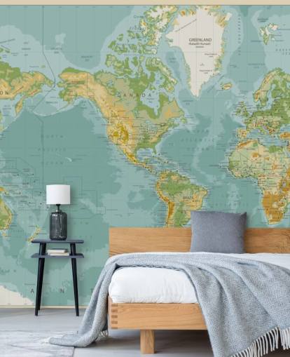 Blue, Green and Brown America Central World Map Wallpaper