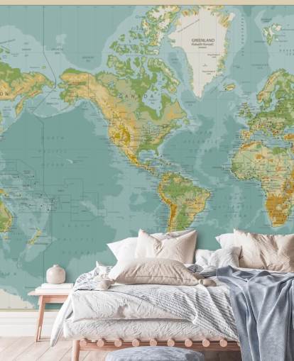 Blue, Green and Brown America Central World Map Wallpaper