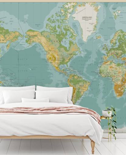 Papier peint de la carte du monde central de l'Amérique bleue, verte et brune