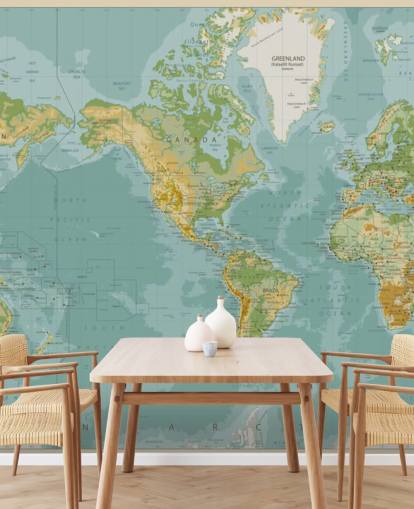 Blue, Green and Brown America Central World Map Wallpaper